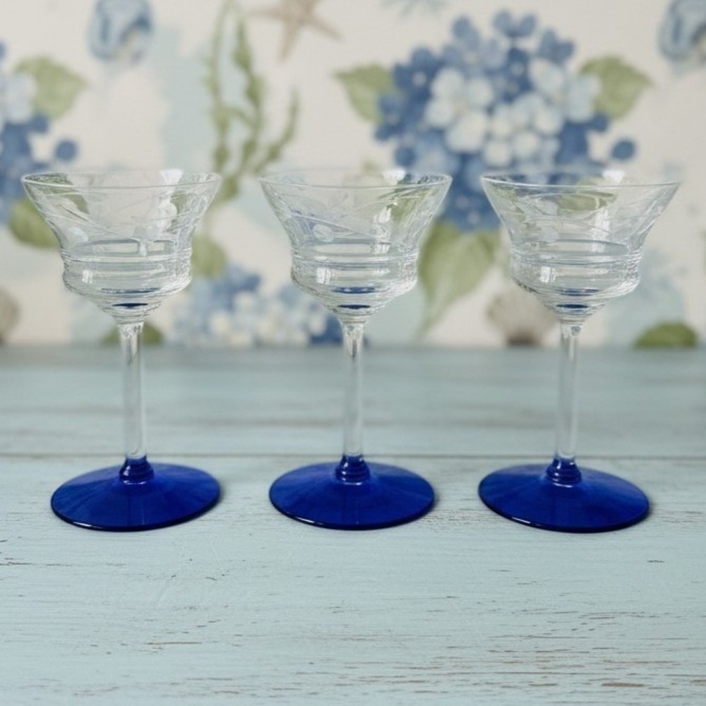Weston Glass Style Cocktail Glasses, Set of 3 Cobalt Blue Etched Floral Stemware